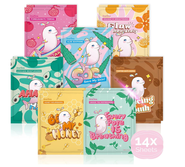 Oito embalagens coloridas de produtos faciais ZeaSea com temas naturais e texto em inglês