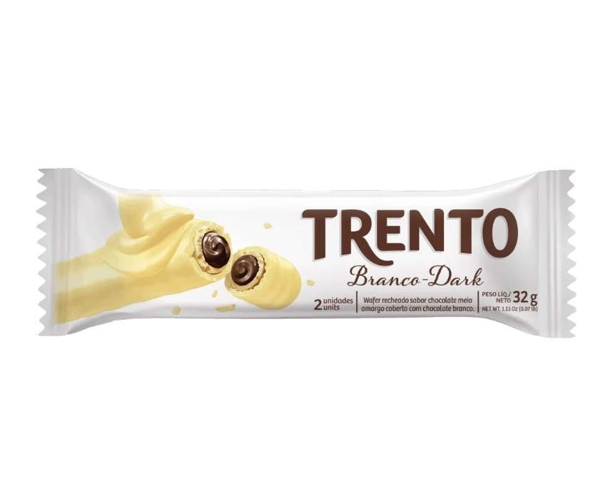Embalagem branca do chocolate Trento Branco-Dark com imagem do produto e texto em castanho e preto.