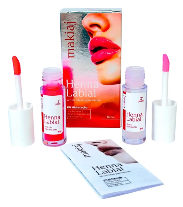 Conjunto Henna Labial makiaj com dois frascos coloridos e folheto informativo