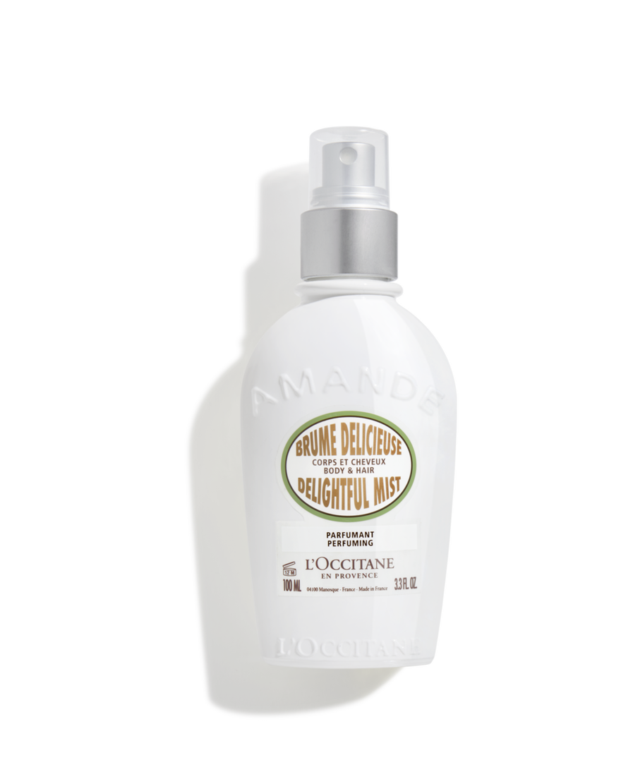Frasco branco de spray LOCCITANE Delightful Mist para corpo e cabelo