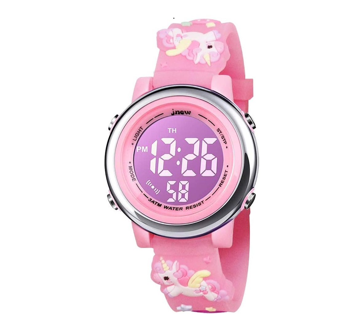 Relógio digital infantil rosa com unicórnios e mostrador digital