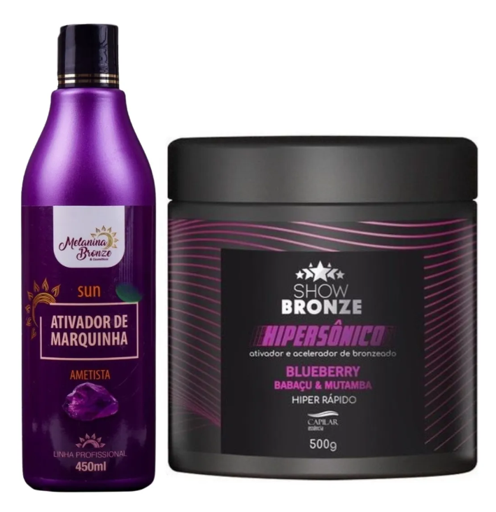 Duas embalagens de produtos para bronzeamento com texto em português