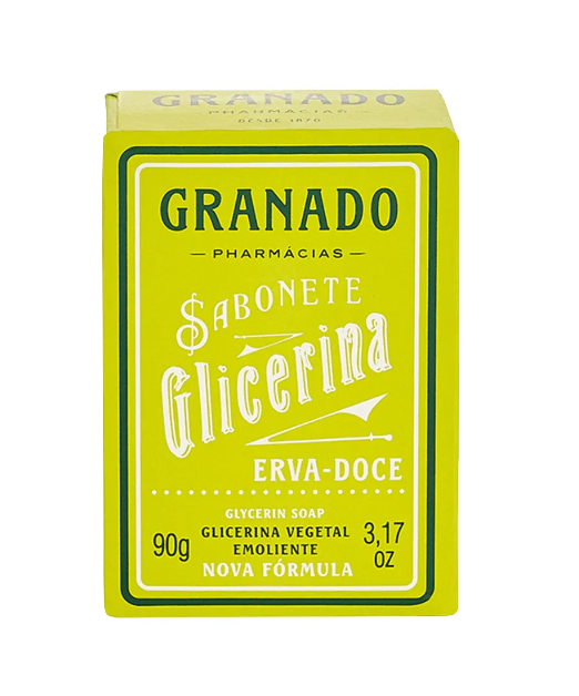 Embalagem amarela de sabonete Granado glicerina erva-doce.