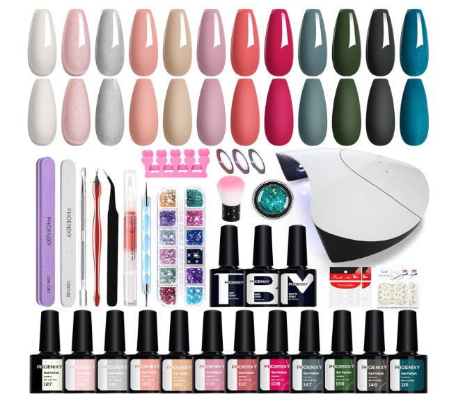 Kit unhas de gel com vernizes coloridos, lixas, pincéis, iluminação UV e decorações