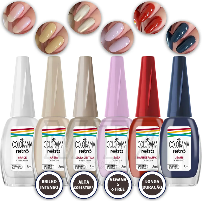 Frascos de verniz Colorama Retrô com diferentes cores e rótulos