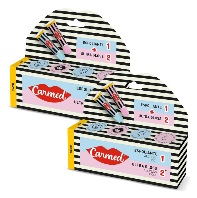 Embalagem do produto esfoliante Carmed com amostras e texto em destaque