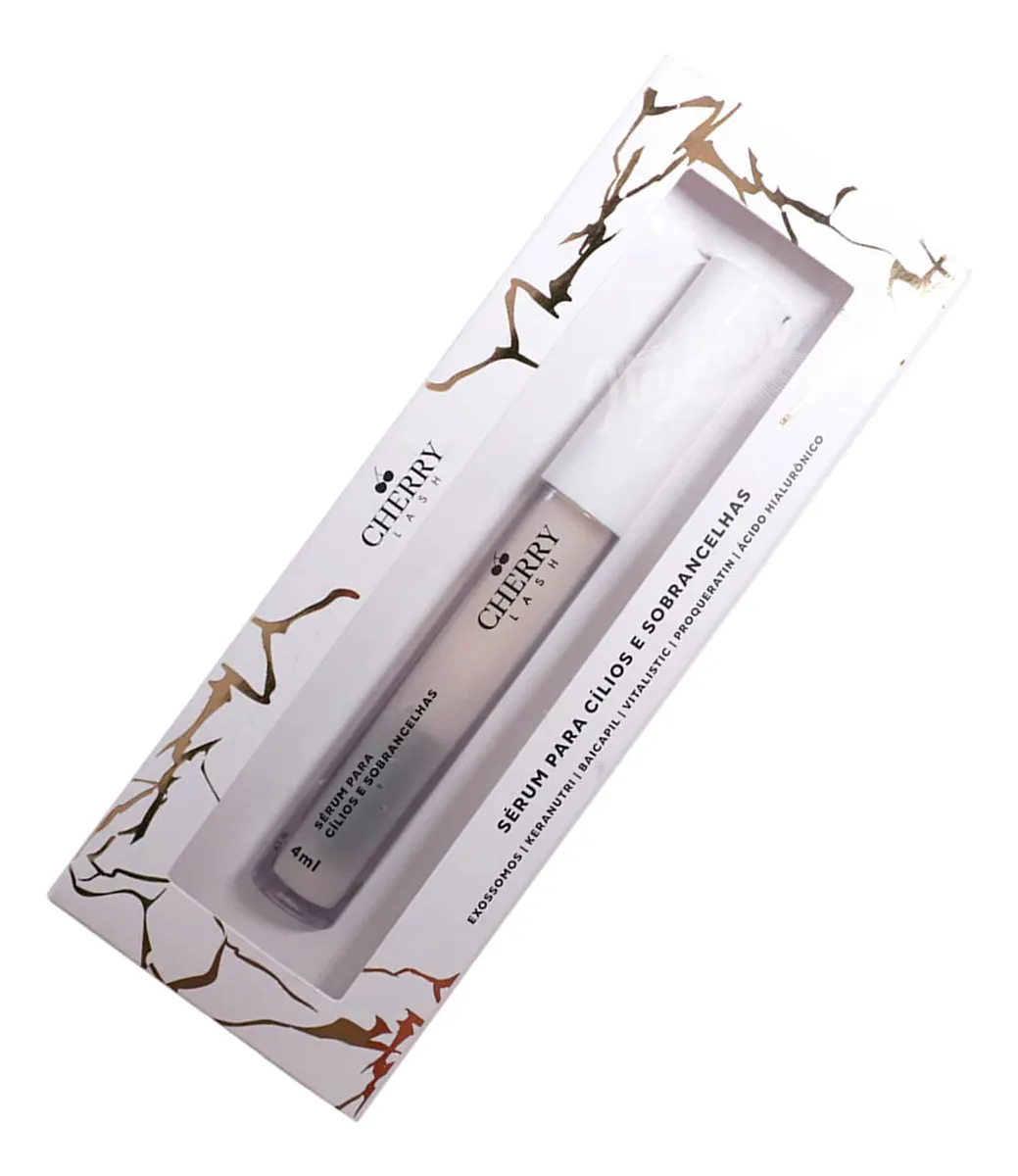 Sérum para cílios e sobrancelhas Cherry Lash numa embalagem branca com detalhes dourados