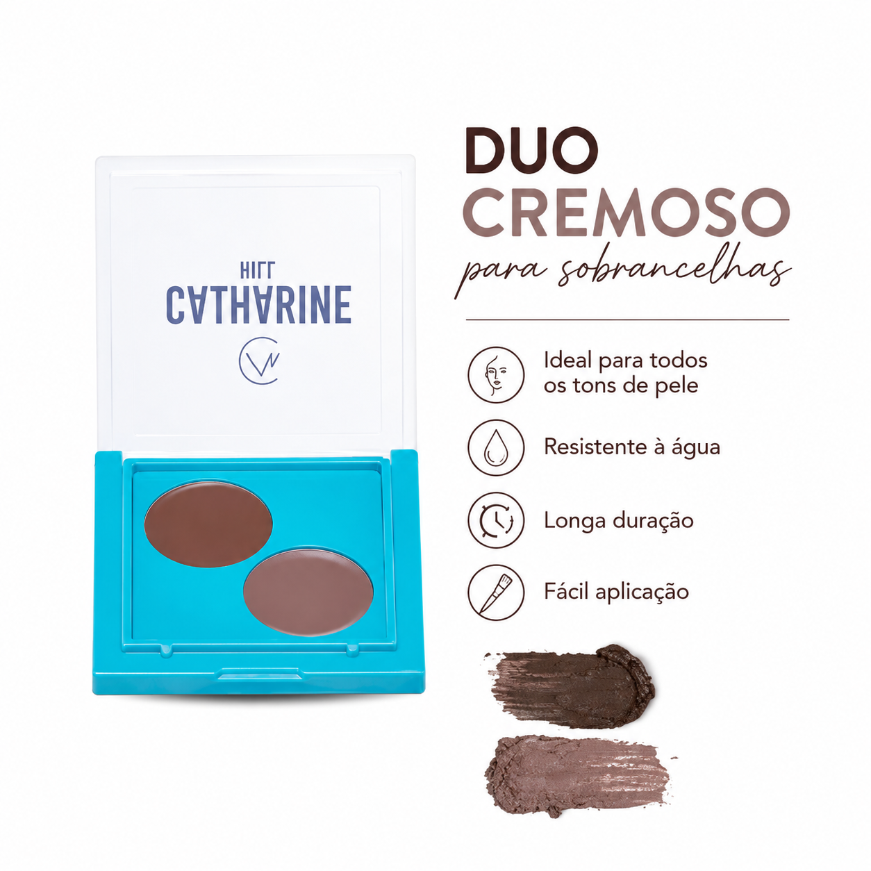 Paleta de creme para sobrancelhas duo cremoso em embalagem azul com duas cores de creme castanho