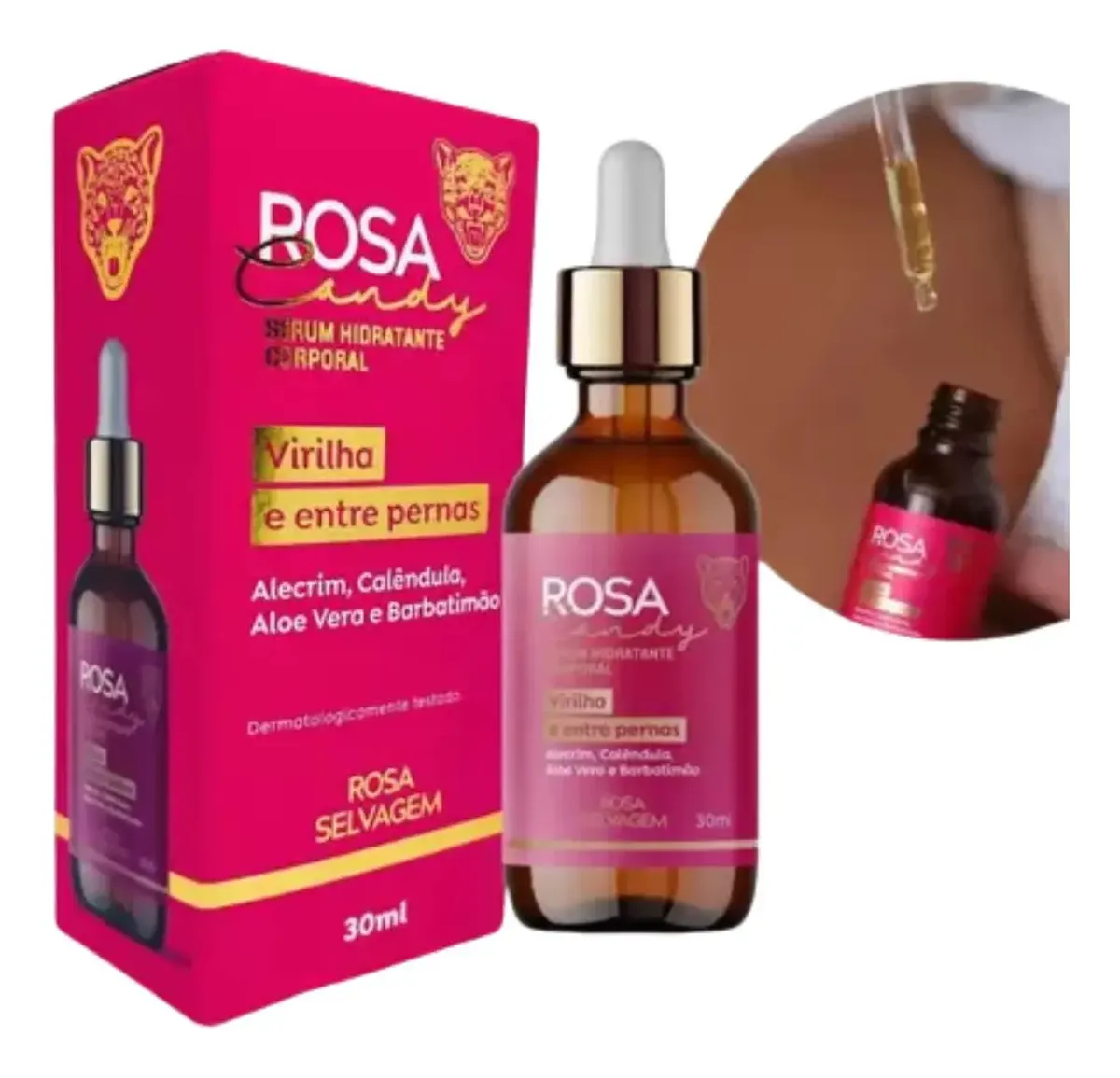 Sérum hidratante corporal ROSA Candy para virilha e entre pernas em embalagem rosa e frasco âmbar com conta-gotas.