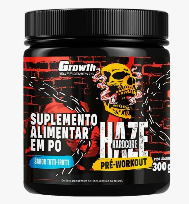 Pote preto de suplemento alimentar em pó com design gráfico de caveira e texto colorido