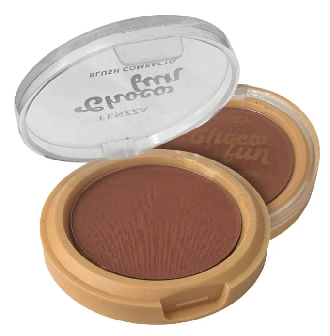 Dois blushes compactos Fenzza Choco fun com embalagem bege e tampa transparente.