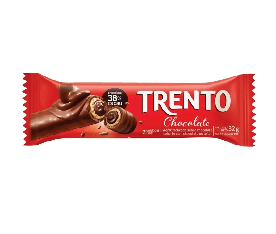 Barra Trento Chocolate, wafer recheado com cobertura de chocolate ao leite, embalagem vermelha.