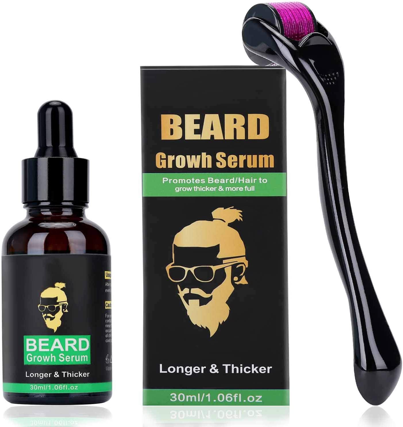 Frasco âmbar de sérum para barba, embalagem preta com texto dourado e verde, e dermaroller preto com agulhas roxas