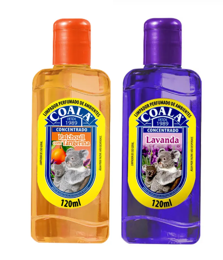 Dois frascos plásticos de limpadores perfumados COALA em tampas laranja e roxa