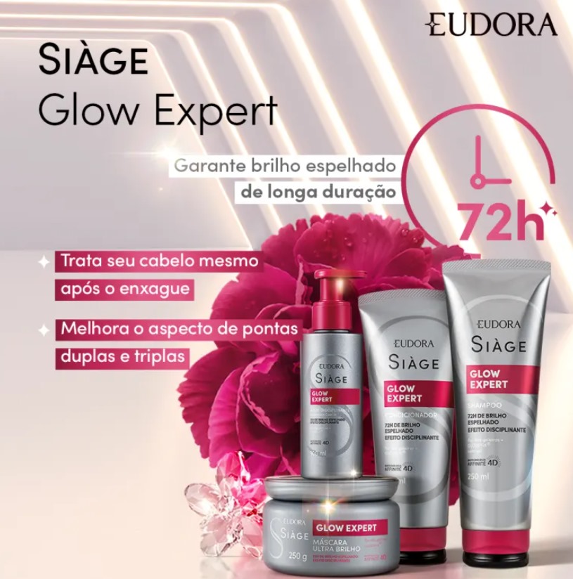 Produtos capilares EUDORA SIÀGE Glow Expert com embalagem prata e detalhes vermelhos
