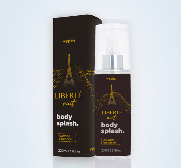 Frasco e embalagem preta de body splash Wepink com detalhes dourados e brancos