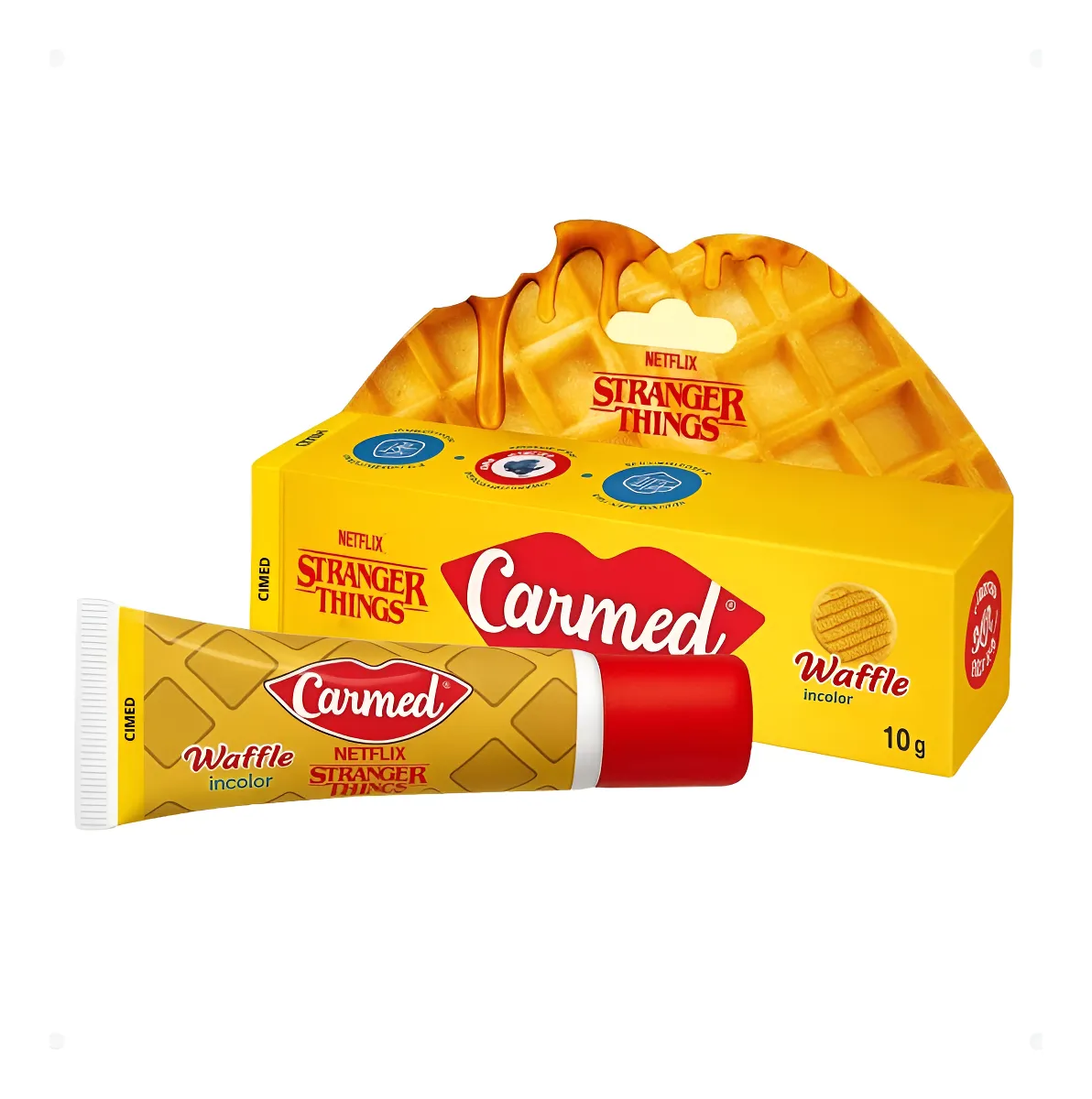 Embalagem e tubo Carmed Waffle Stranger Things amarelos com padrão waffle e tampa vermelha