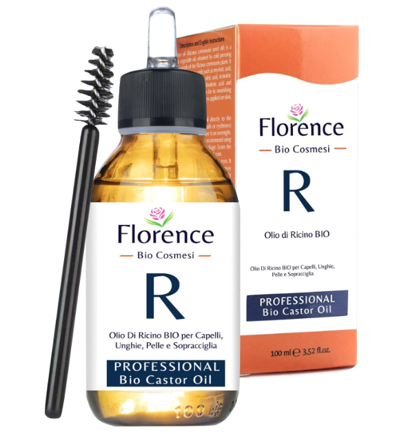 Frasco amarelo com tampa preta e pincel ao lado e caixa de óleo de rícino Florence Bio Cosmesi