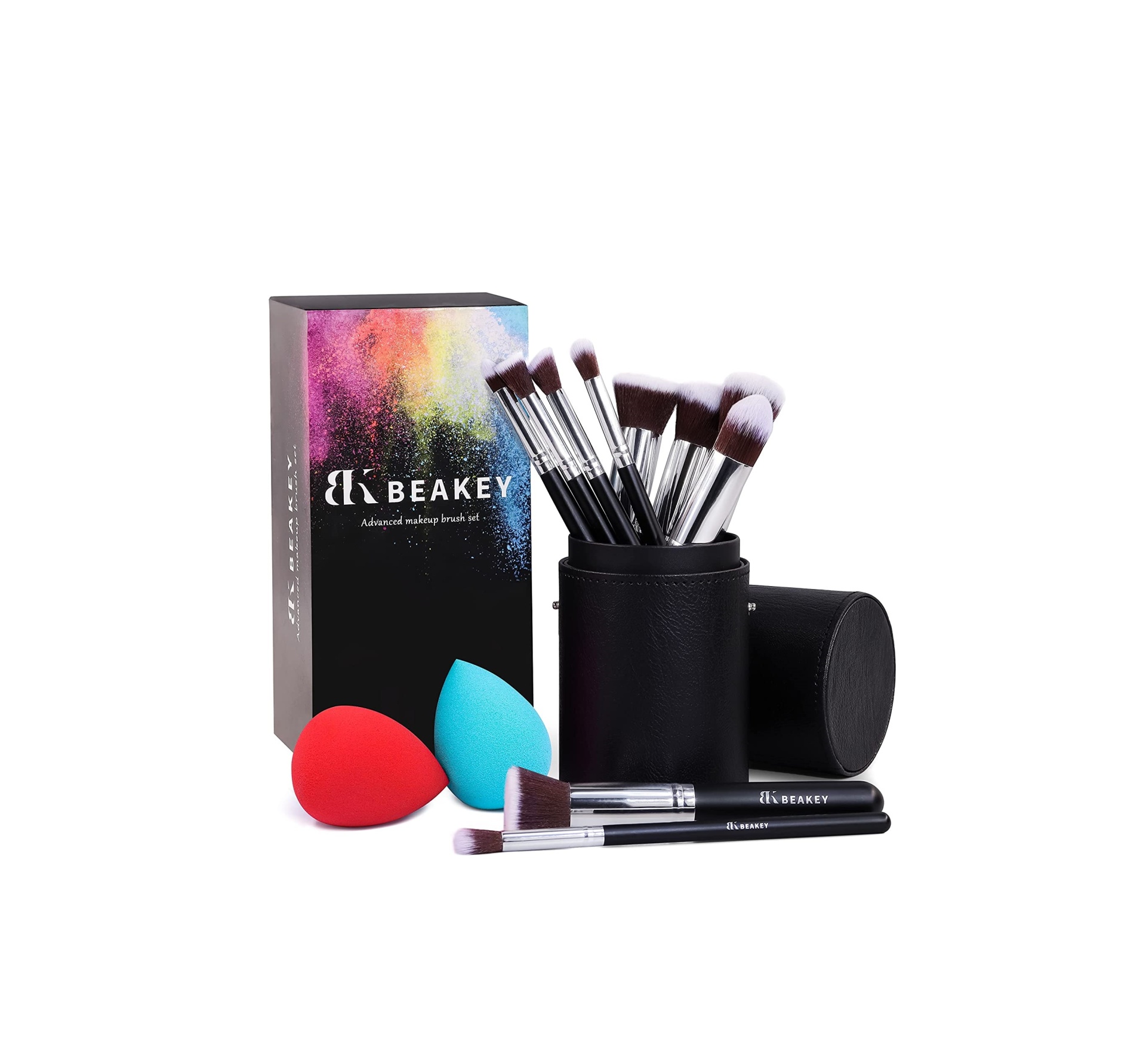 Conjunto de pincéis de maquilhagem BEAKEY com estojo preto e esponjas coloridas