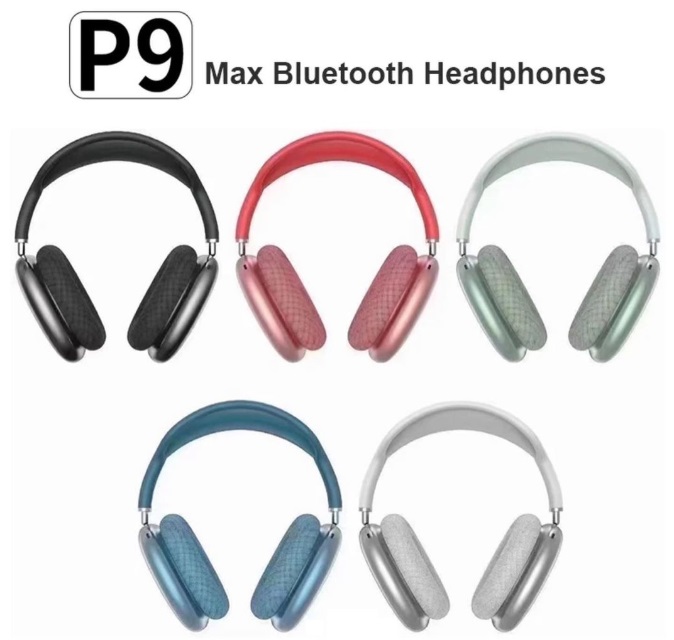 Auscultadores Bluetooth Max P9 em cinco cores diferentes sobre fundo branco.
