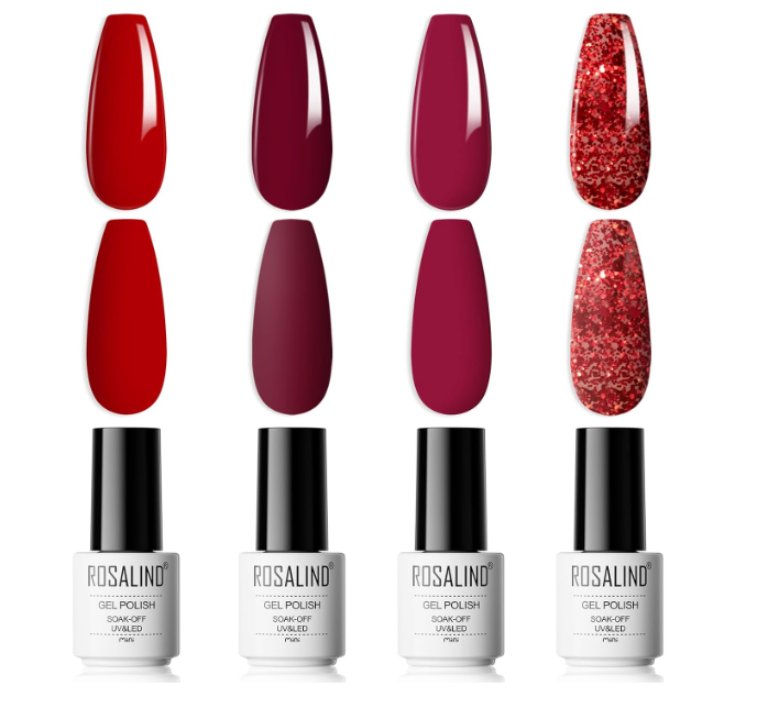 Quatro vernizes em gel Rosalind em diferentes tons de vermelho e vinho, incluindo um com purpurina.