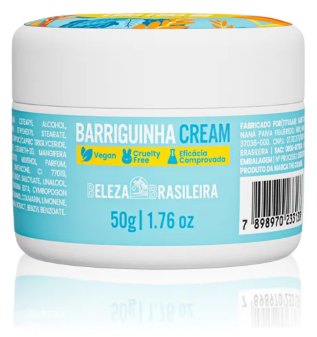 Frasco branco de creme com rótulo azul claro e texto BARRIGUINHA CREAM e Vegan
