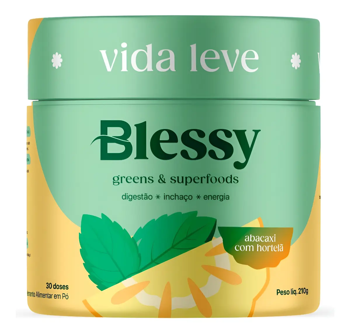 Embalagem de suplemento alimentar Blessy verde e amarela sabor abacaxi com hortelã