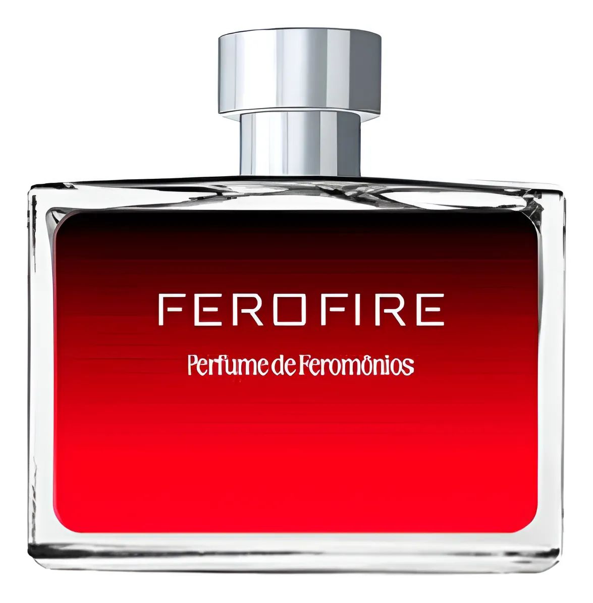 Frasco de perfume retangular com líquido vermelho e tampa prateada