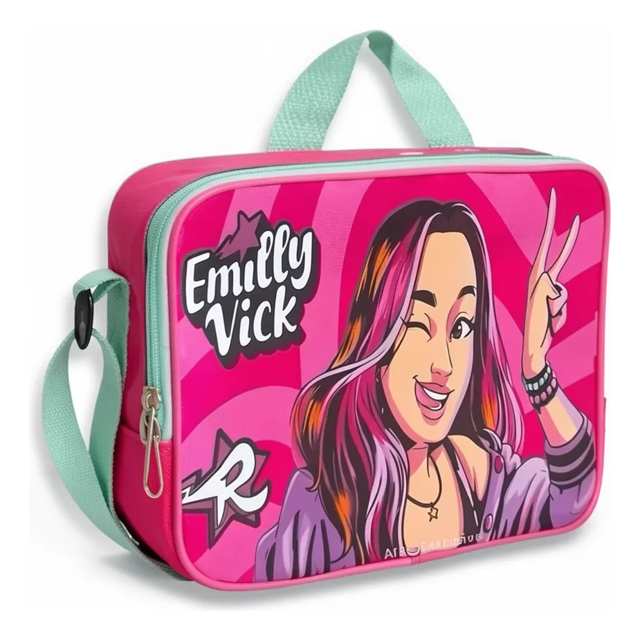 Mala escolar rosa com desenho de personagem feminina fazendo sinal de paz