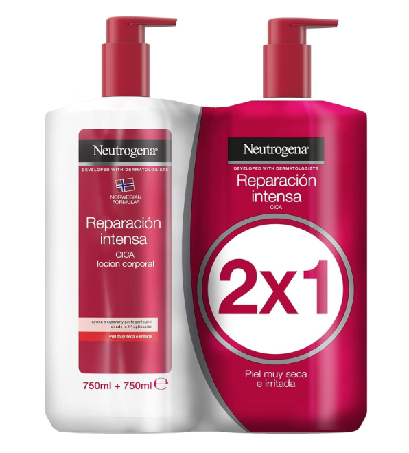 Duas embalagens Neutrogena com dosador, uma branca e outra rosa com texto 'Reparación intensa CICA' e '2x1'.