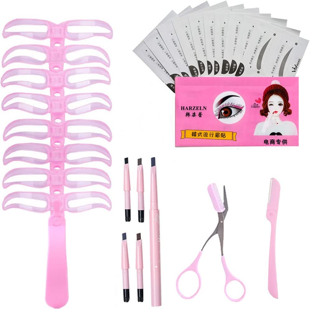 Conjunto rosa para maquilhagem com moldes de sobrancelhas, aplicadores, tesoura e pente.