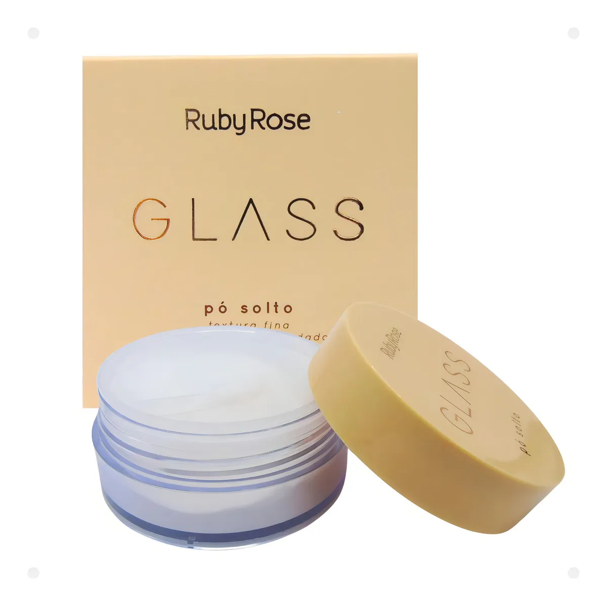 Pó solto Ruby Rose Glass em embalagem bege e frasco transparente aberto