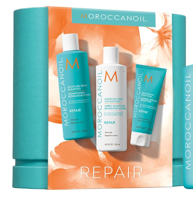 Conjunto Moroccanoil Repair com shampoo, condicionador e esfoliante capilar em embalagens azuis e laranja