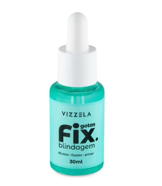 Frasco de vidro azul com conta-gotas branco e rótulo Vizzela gotas Fix blindagem 30ml
