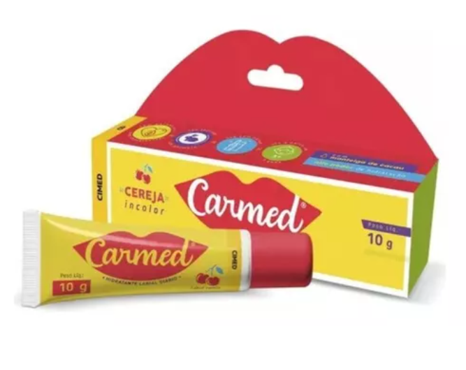 Creme Carmed incolor sabor cereja em tubo e caixa amarelos e vermelhos