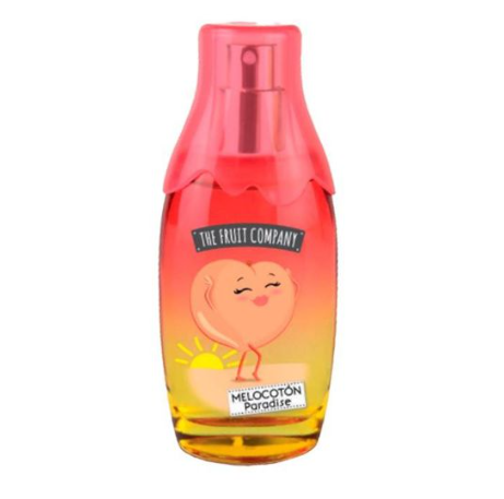 Frasco de perfume colorido com design de pêssego e texto da marca