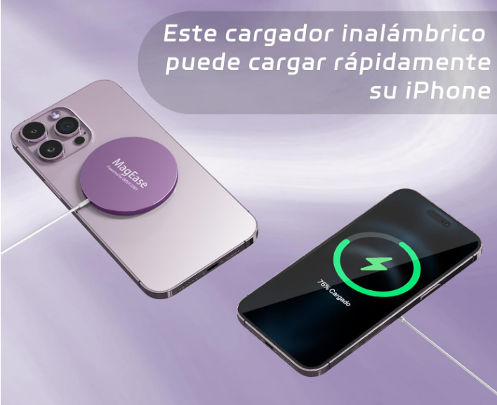 Carregador inalámbrico MagEase em iPhone prateado com texto em espanhol e iPhone preto a carregar