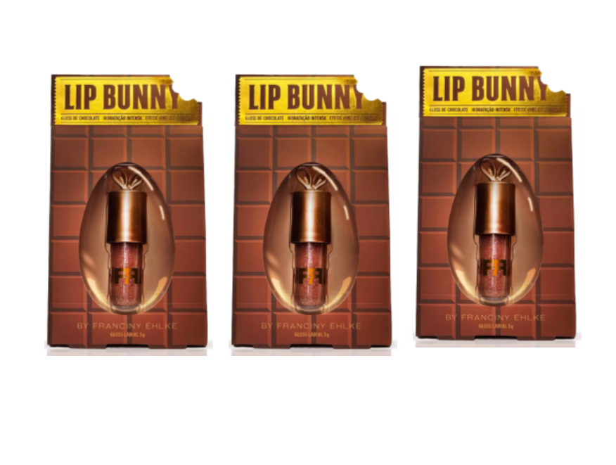 Embalagens LIP BUNNY castanhas em forma de barra de chocolate com gloss labial transparente no centro