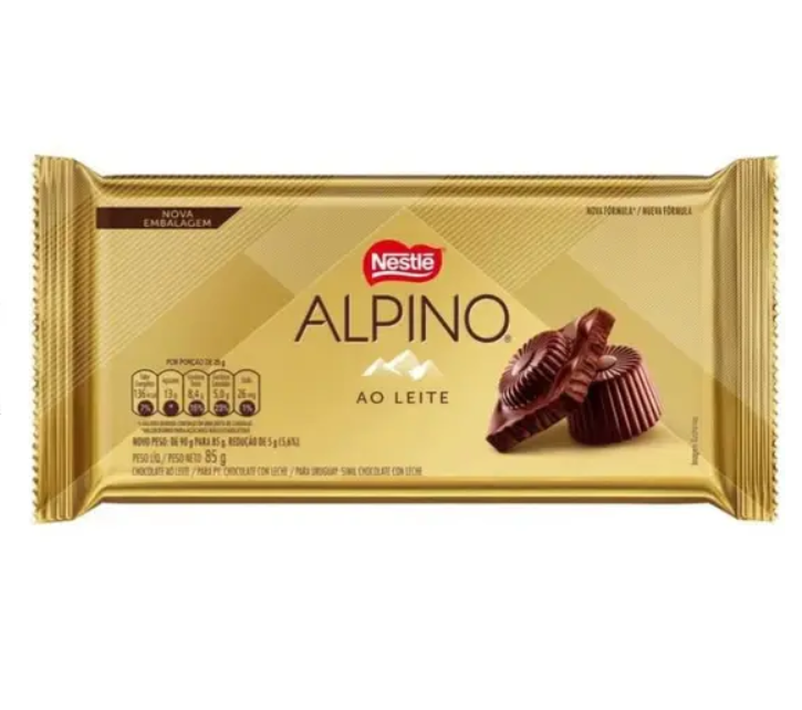 Barra de chocolate Nestlé Alpino ao leite em embalagem dourada