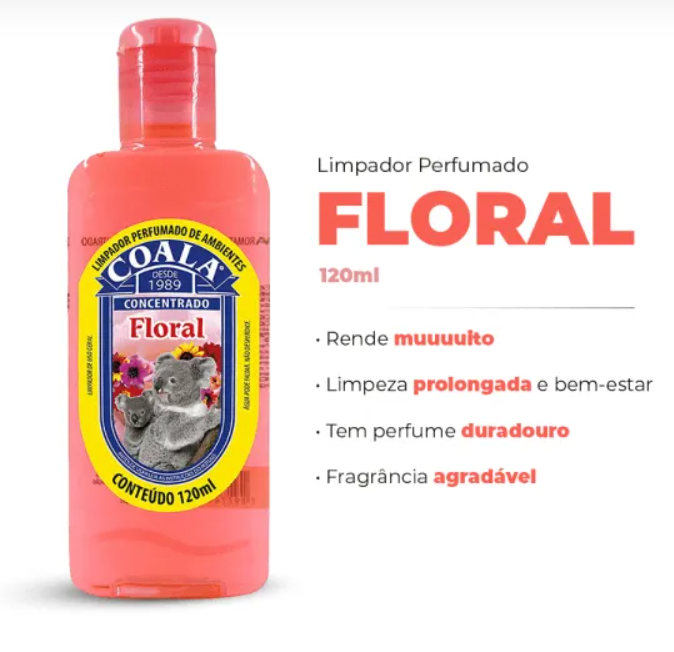 Garrafa rosa com limpador perfumado Coala Floral 120ml e imagem de coalas no rótulo