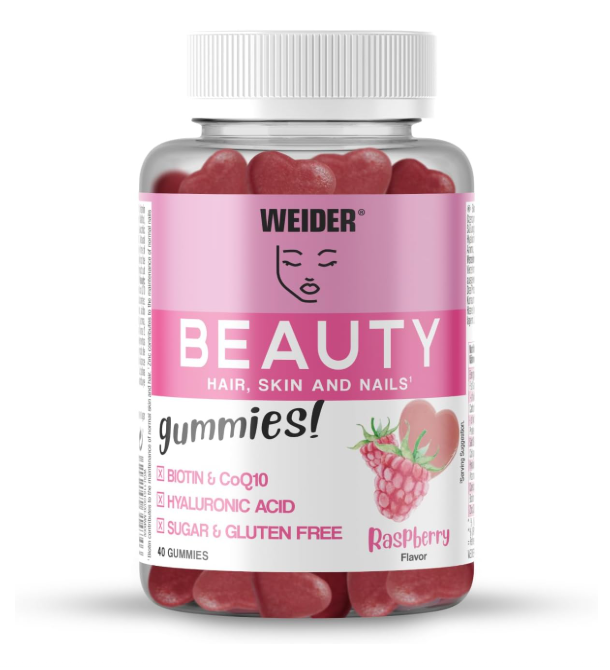 Frasco de gomas vermelhas em forma de coração com rótulo rosa e branco de suplemento beauty raspberry.