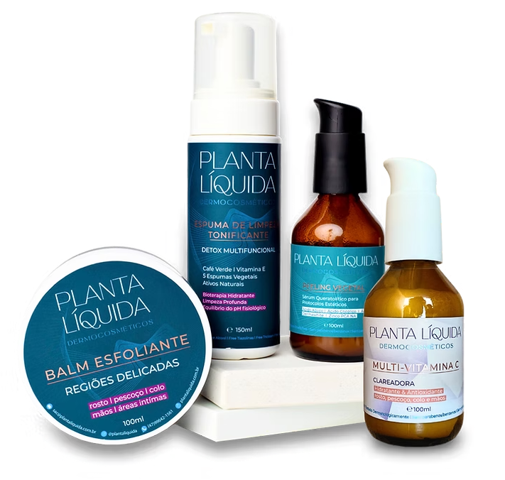 Produtos cosméticos Planta Líquida: espuma de limpeza, balm esfoliante, sérum clareador, multi-vitamina C.