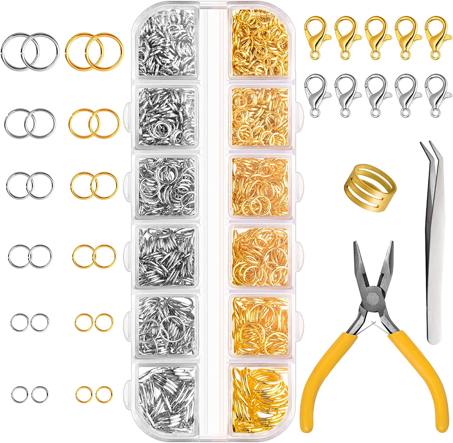 conjunto de ferramentas para bijuteria com aneis, argolas, fechos e alicates organizados numa caixa plástica