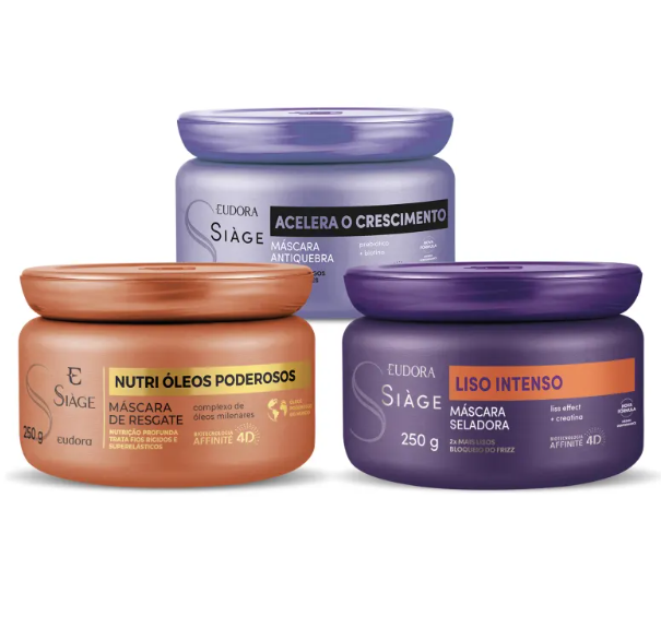 Três potes de máscaras capilares Eudora Siàge de cores lavanda, cobre e lilás escuro