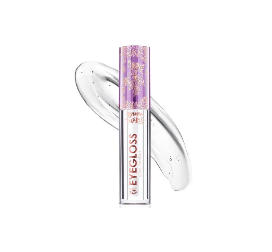 Tubo de gloss labial transparente com tampa roxa e detalhes dourados