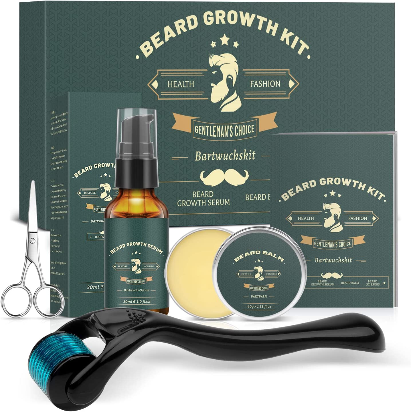 Kit de crescimento de barba com serum, bálsamo, rolo de microneedling e tesouras