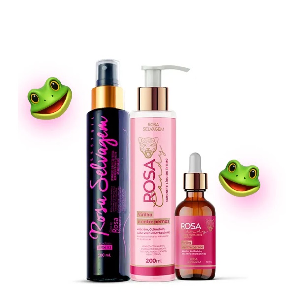 Produtos da linha Rosa Selvagem com embalagem preta, branca e âmbar e dois emojis de rãs verdes