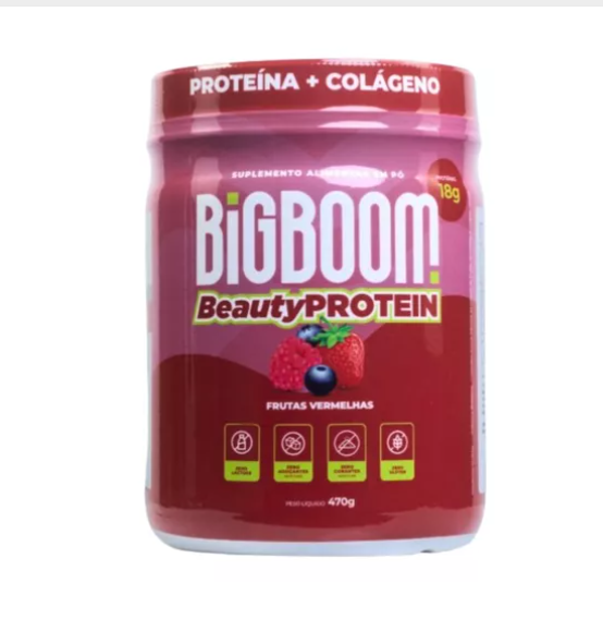 Embalagem vermelha de suplemento BigBoom BeautyProtein Frutas Vermelhas