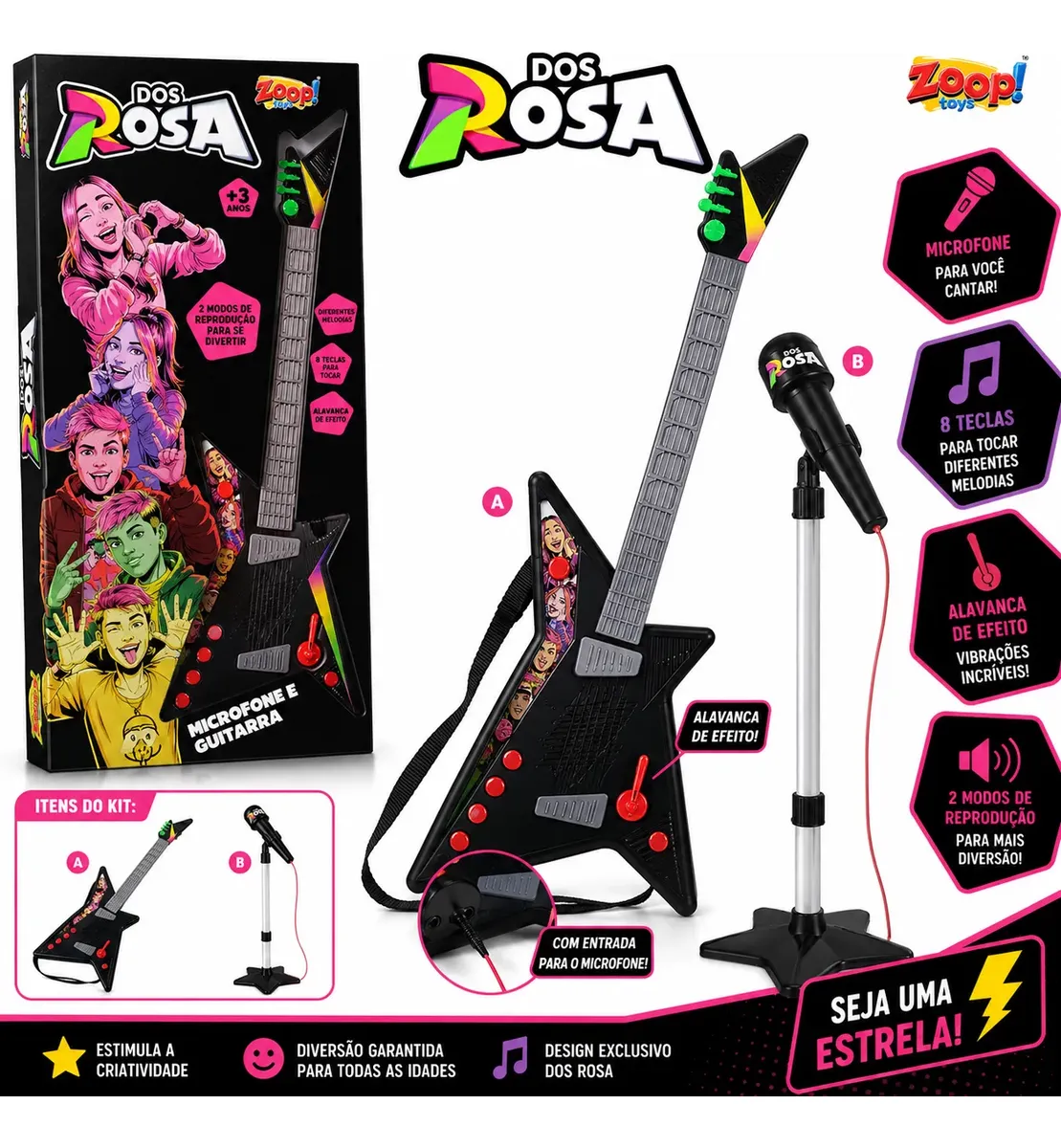 Brinquedo musical infantil guitarra e microfone com caixa colorida e texto em português