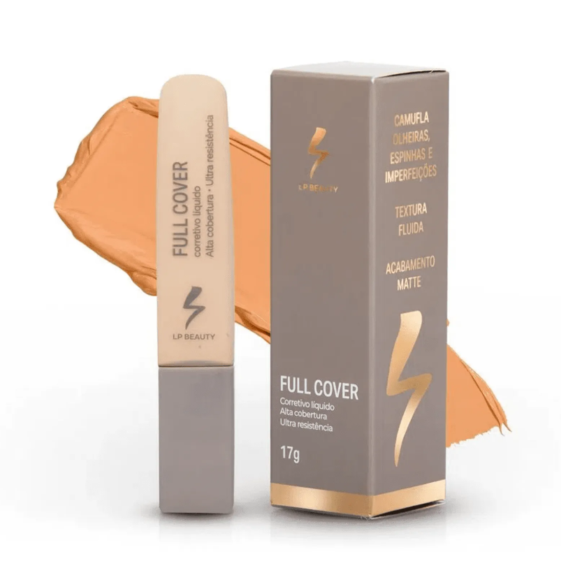 Corretivo líquido FULL COVER LP Beauty com embalagem cinza e dourada e amostra da cor creme